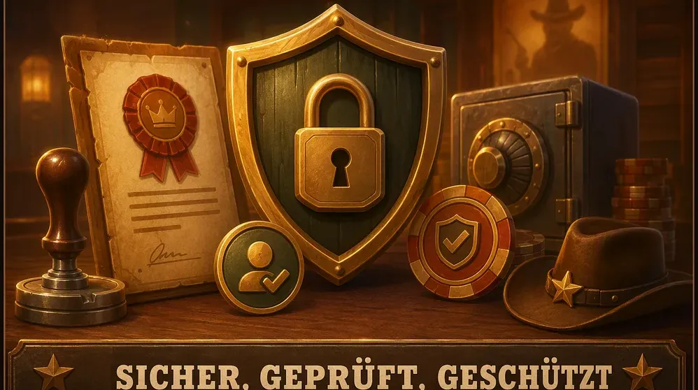 Lizenz-Siegel SSL-Schloss und Spielerschutz-Symbole auf Schreibtisch
